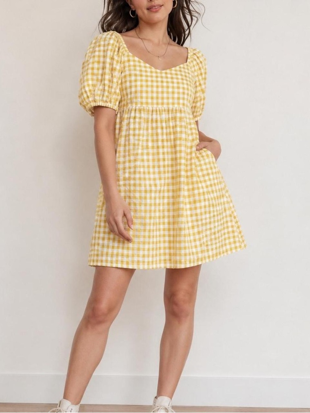 Old Navy Yellow Gingham Puff-Sleeve Mini Dress